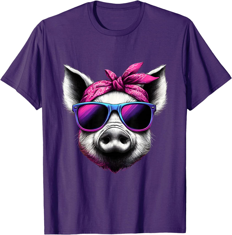 Fashionable Animals Wearing Pink Bandanas Pig Wearing Pink Bandana Headband and Sunglasses T-Shirt - Purple
