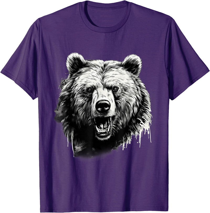 Forest Animal Art Bear Animal Art Portrait Wildlife Nature Artwork Drawing T-Shirt - Purple