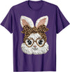 Happy Easter Funny Bunny Glasses Leopard Bandana Rabbit Face T-Shirt in Purple