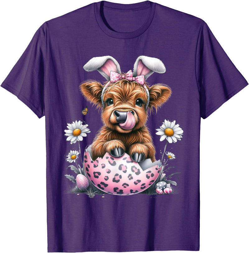 Funny Cow Easter Rabbit Cute Highland Cows Lover Easter Day T-Shirt - Purple