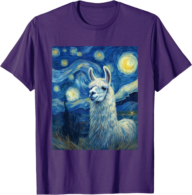 Llama Designs. Llama Alpaka Van Gogh Style Starry Night Funny Graphic T-Shirt - Purple