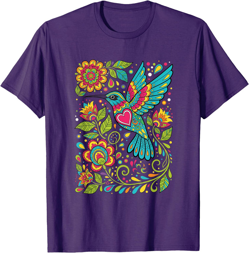 FolkFlight Design Co Bird Hummingbird Floral Folk-Art Colorful T-Shirt - Purple
