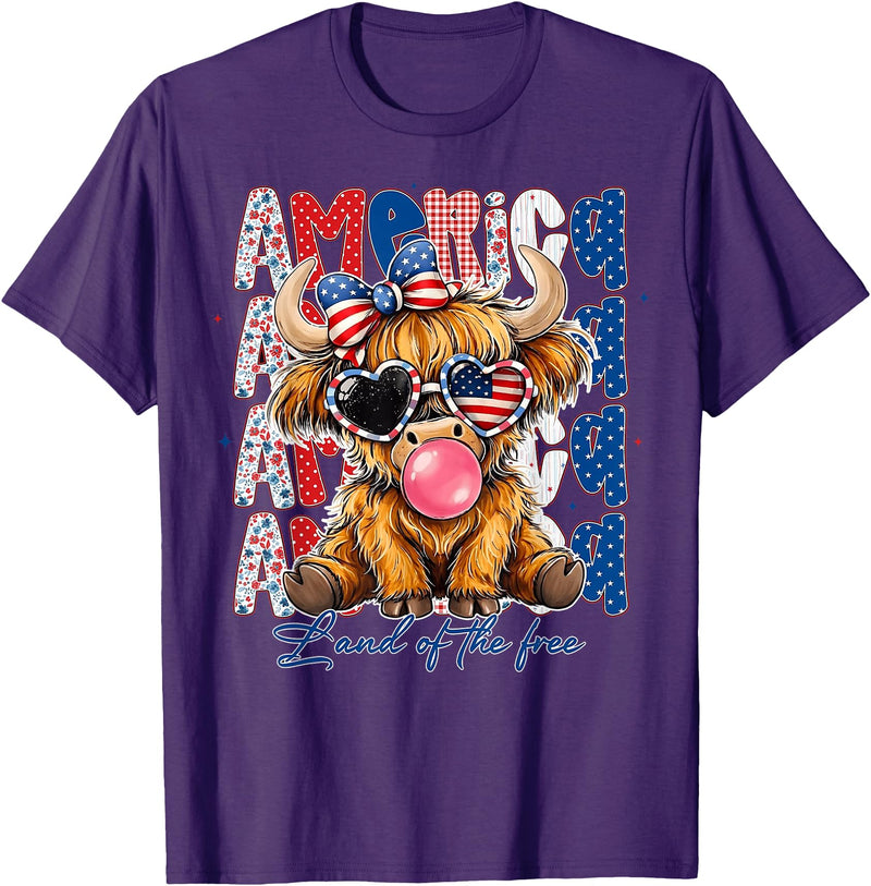 Cute Cow Creations Highland Cow 4th of July, Patriotic Cowgirl Bow Design T-Shirt - Purple