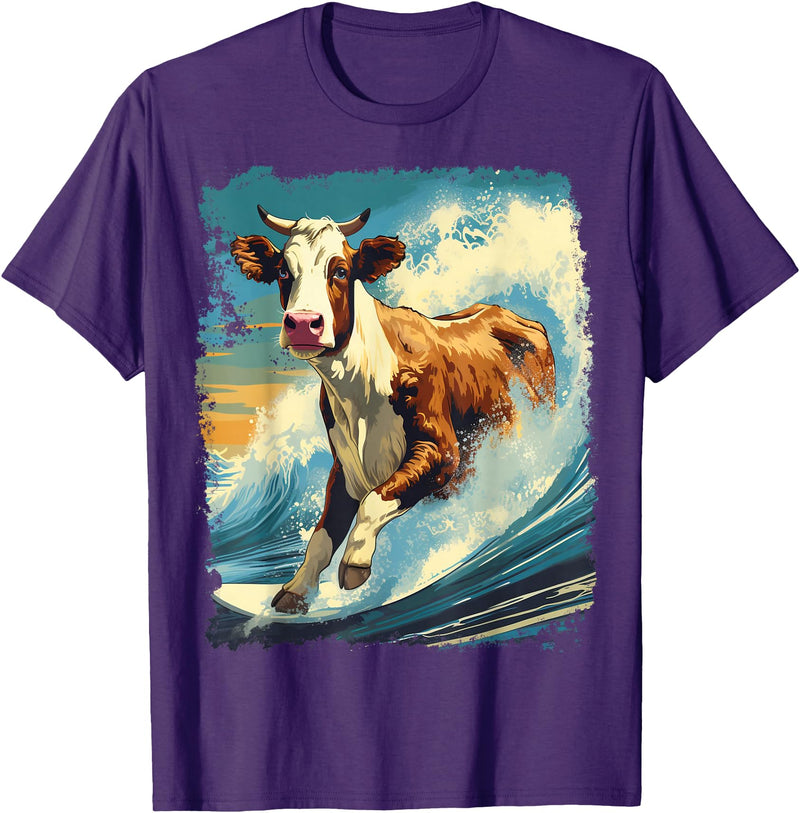Noah&Friends Pop Art Colorful Cow Surfing T-Shirt - Purple