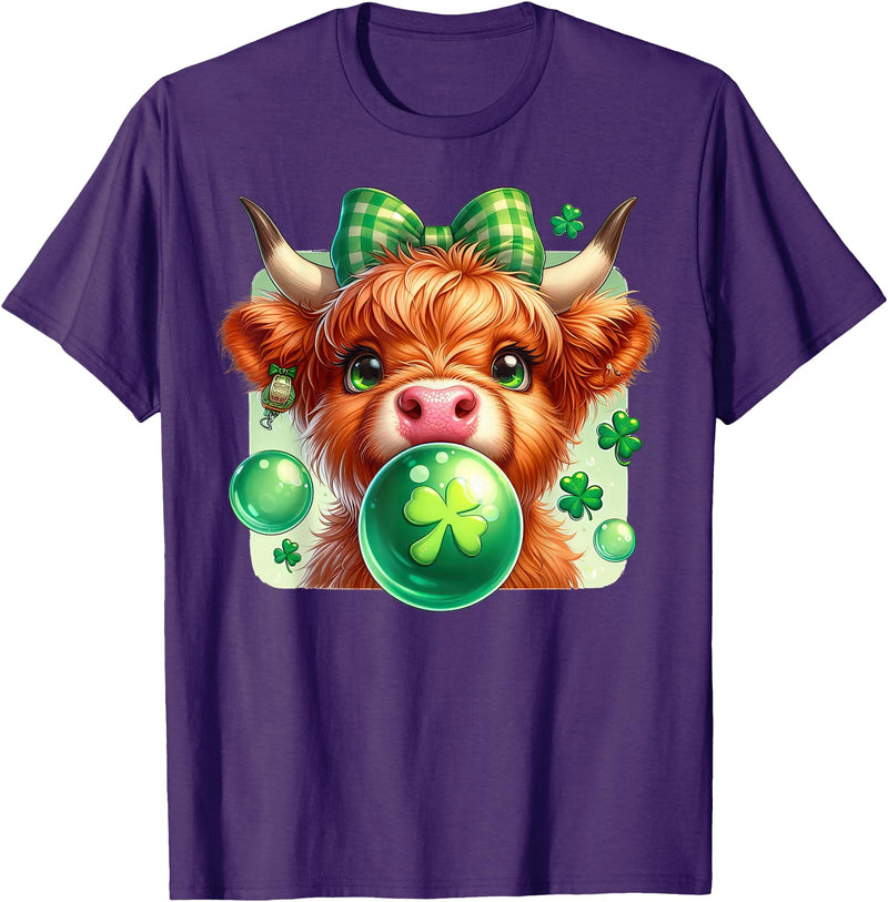 Cute Highland Cow Hilarious Shamrock Themed Highland Cow Blowing Bubblegum Celebrate St Patricks Day T-Shirt - Purple