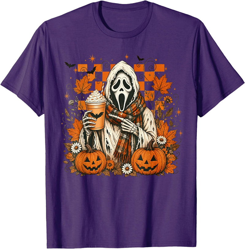 Halloween Pumpkin Ghost Autumn Leaves Graphic Cute Spooky Ghost Fall Halloween Coffee Latte Autumn Pumpkin T-Shirt - Purple