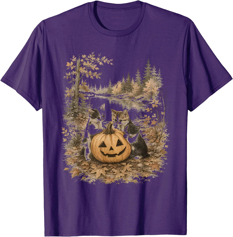 Vintage 90s Cats And Pumpkin Halloween Women Men Funny Retro 90s Kitten Black Cats and Pumpkin Halloween T-Shirt - Purple