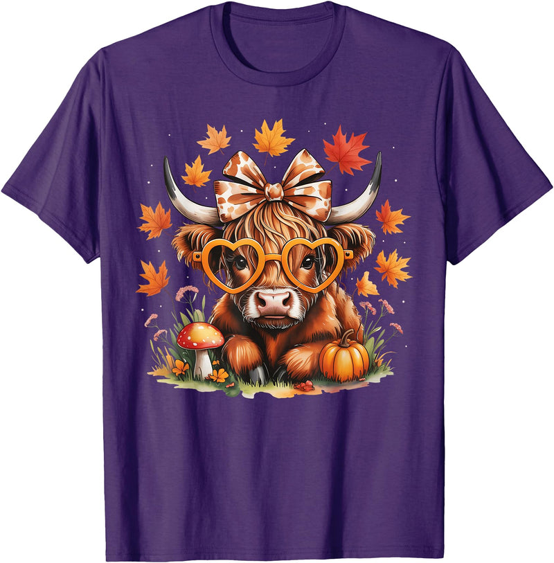 Fall Highland Cow Bow ThanksGiving Ades.shirt Fall Highland Cow Pumpkin Bow Thanksgiving Fall Girl Women T-Shirt - Purple