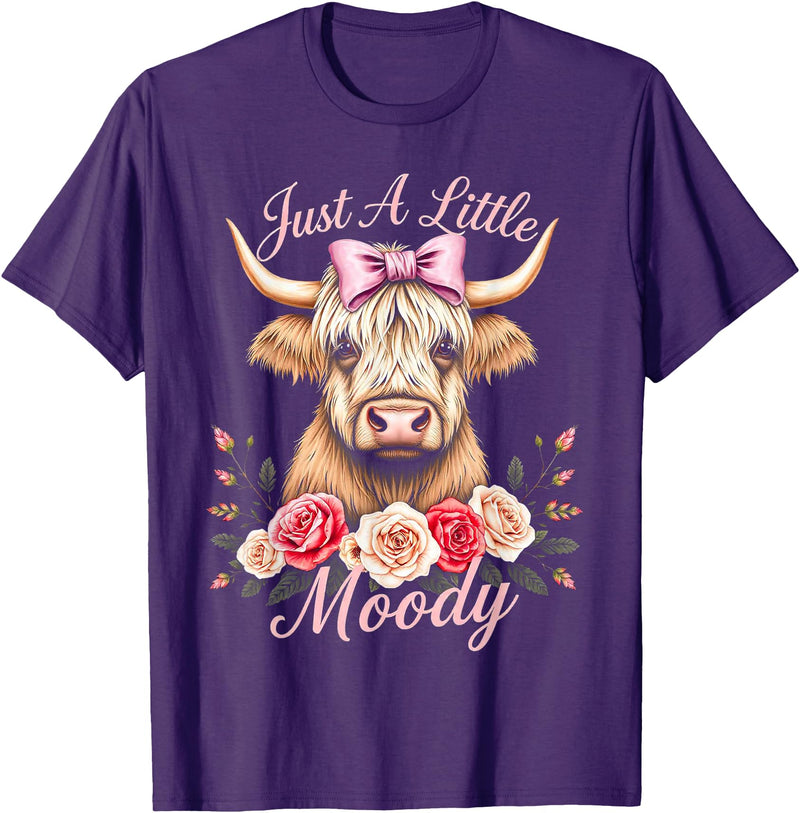 Moody Farm Cow Apparel for women lgbtq+ kids girls Highland Cow Just A Little Moody Funny Farm Flower for lady T-Shirt -