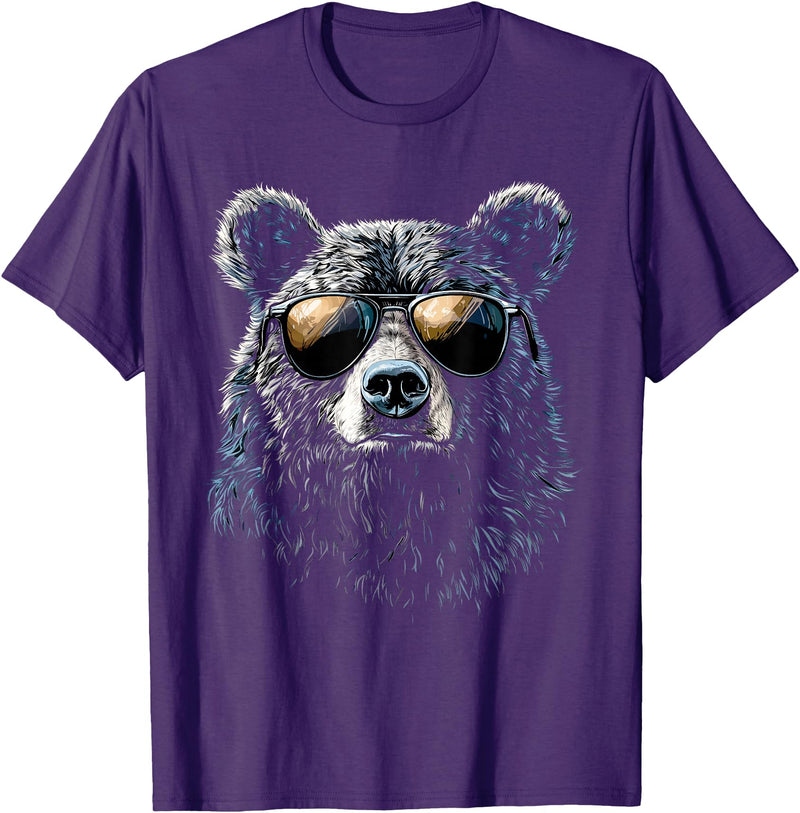 Forest Illustration Bear Art Nature Bear Wearing Sunglasses Wildlife Artwork Graphic Bear T-Shirt - Purple