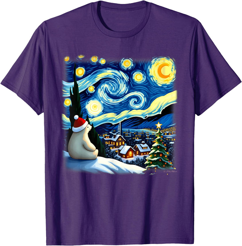 Van Gogh Polar Bear Xmas Tees Christmas Polar Bear Starry Night T-Shirt - Purple