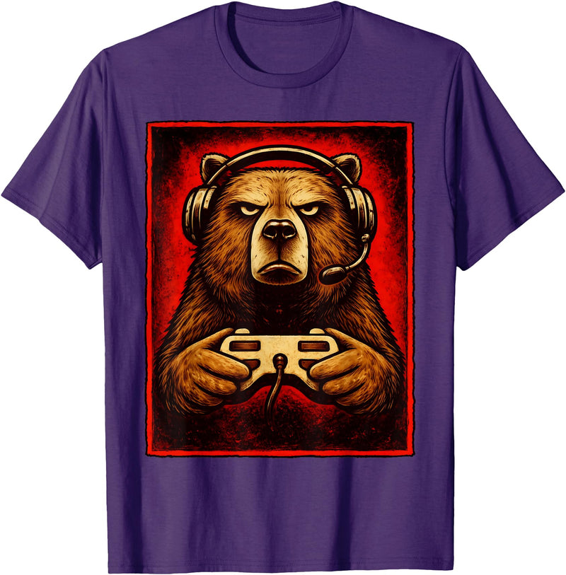 Funny Gaming Bear Gamer Graphic Gamer Bear Graphic Funny Gaming Animal Grizzly Bear Costume T-Shirt - Purple