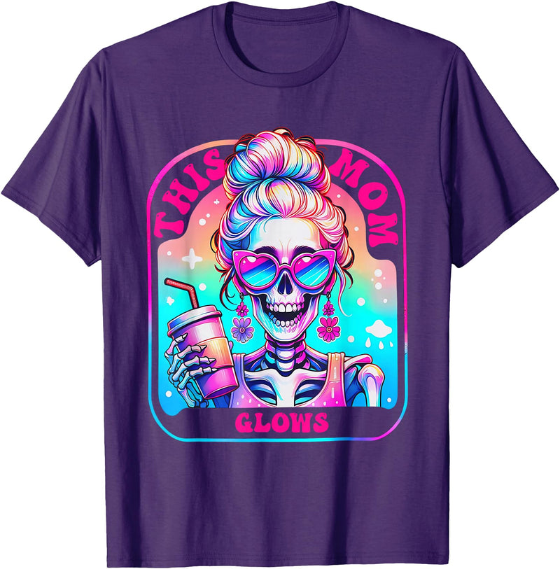 Glow Mom Apparel This Mom Glows Skeleton Mom Colorful Design T-Shirt - Purple