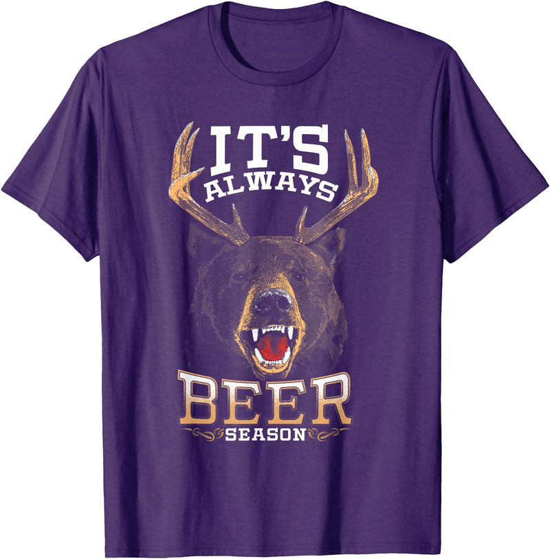 Hunted Apparel It's Always Beer Season Bear Deer Beer Funny Hunter Hunting T-Shirt - Purple