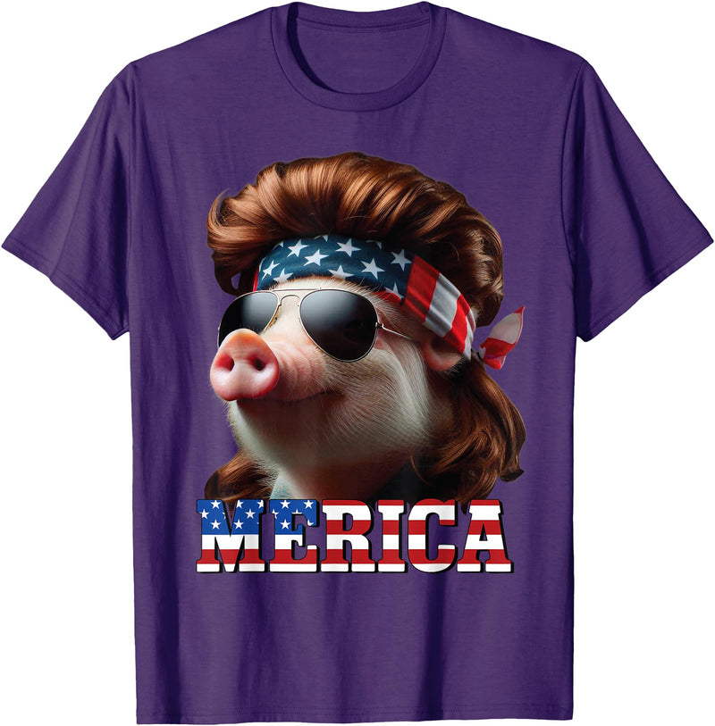 Funny Mullet Farm Pig Patriotic Pig Merica Mullet 4th of July And Father's Day Man Funny T-Shirt - Purple