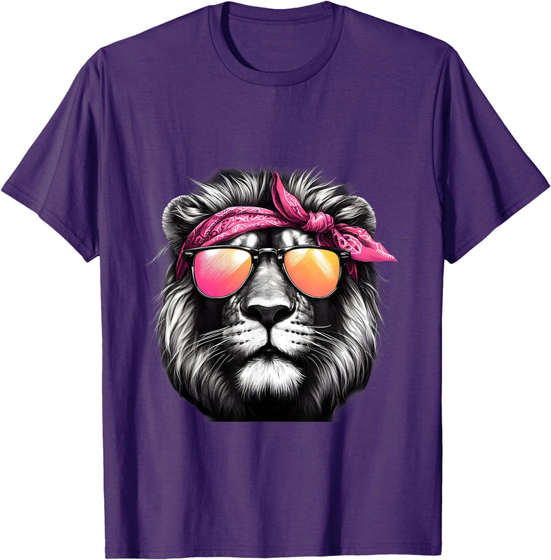 Fashionable Animals Wearing Pink Bandanas Lion Wearing a Pink Bandana Headband and Sunglasses T-Shirt - Purple