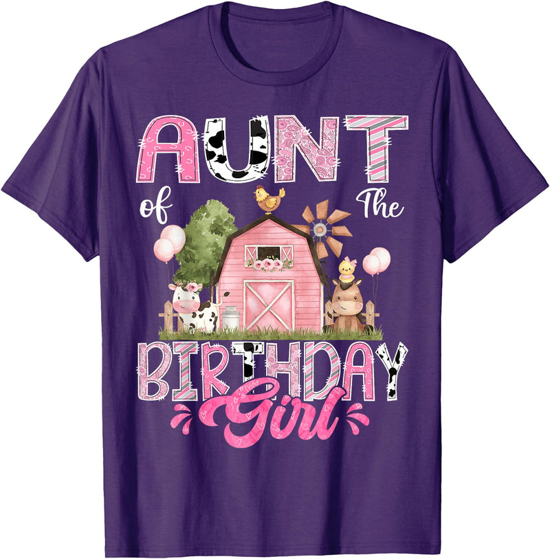 Famer Pink Cow Birthday Matching Tees Aunt Of The Birthday Girl 1St Birthday Pink Cow Farm T-Shirt - Purple