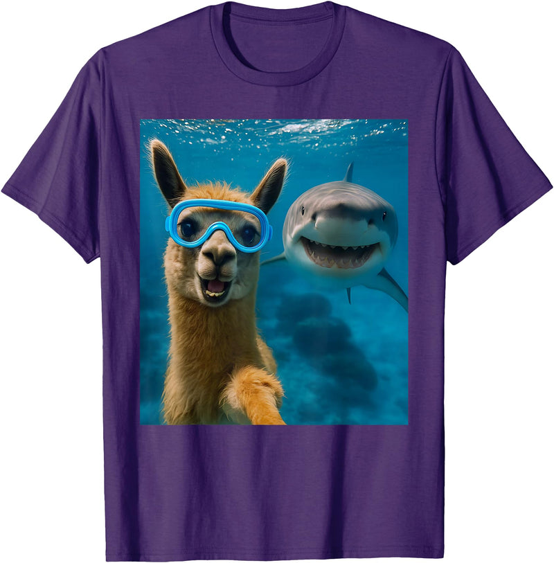 Selfie Llama and Shark Summer Scuba Diving Funny Llama Selfie with Shark Ocean Lovers T-Shirt - Purple