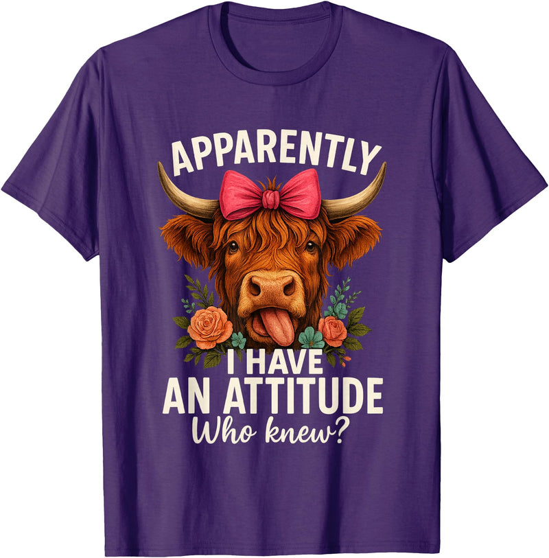 Mother's Day Gifts by LD Apparently I Have an Attitude Who Knew Sarcasm Highland Cow T-Shirt - Purple