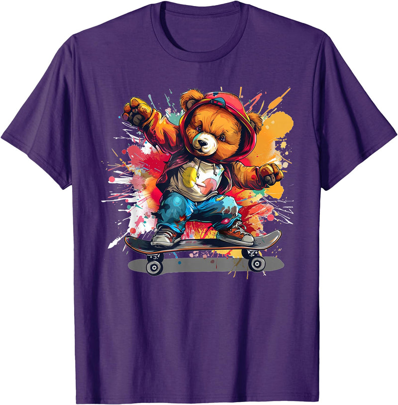 Cool Teddy with skateboard Colourful Splash with Skateboard Teddy Bear Outfit T-Shirt - Purple