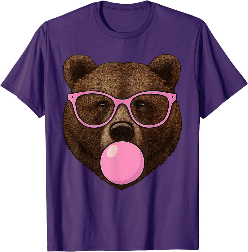 Bear Face Wearing Glasses Apparel For Women ladies Cute Bear Face Eating Gum and Makes Bubble Funny Bears Women T-Shirt - Purple