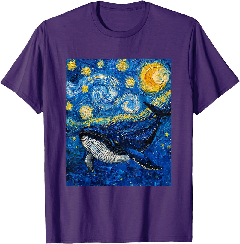 Whale Designs. Whale Fish Van Gogh Style Starry Night Sea Graphic T-Shirt - Purple