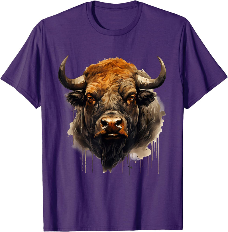 Safari Animal Art Buffalo Animal Print Portrait Bison Nature Artwork T-Shirt - Purple