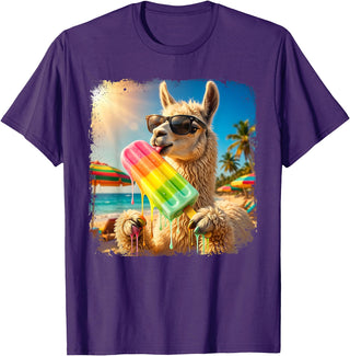 Funny Llama Popsicle Summer Ice Cream Rainbow Drip Funny Llama Eating Popsicle Summer Beach Animal Sunglasses T-Shirt - Purple