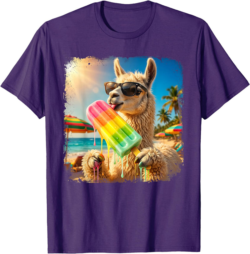 Funny Llama Popsicle Summer Ice Cream Rainbow Drip Funny Llama Eating Popsicle Summer Beach Animal Sunglasses T-Shirt - Purple