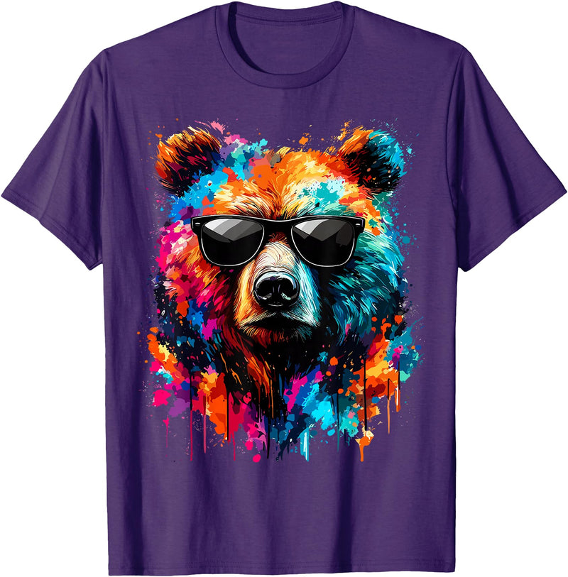 Funny Colorful Bear Lover Wildlife Colourful Bear with Sunglasses T-Shirt - Purple
