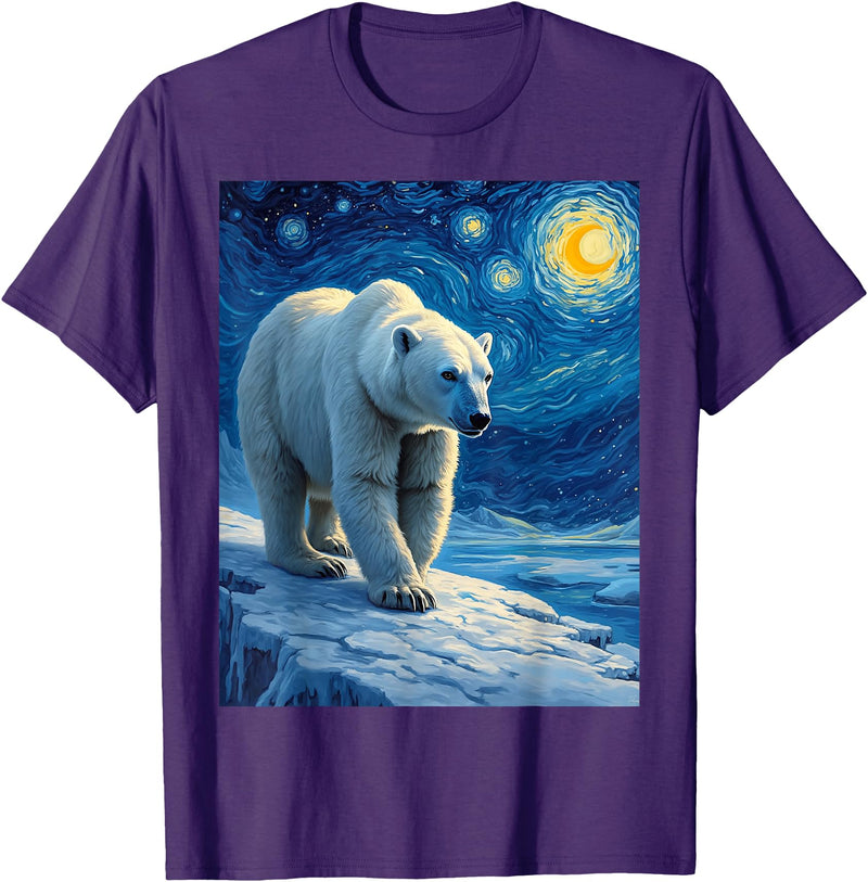 Polar Bear Van Gogh's Starry Night Wildlife Art Van Gogh's Starry Night Polar Bear Ice Bear Animal Lovers T-Shirt - Purple