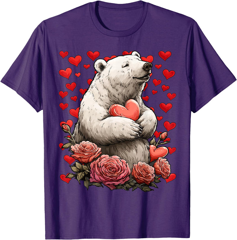 Romantic Animals Valentine’s Day Presents Cute Polar Bear with Red Roses Hearts Valentine’s Day Animal T-Shirt - Purple