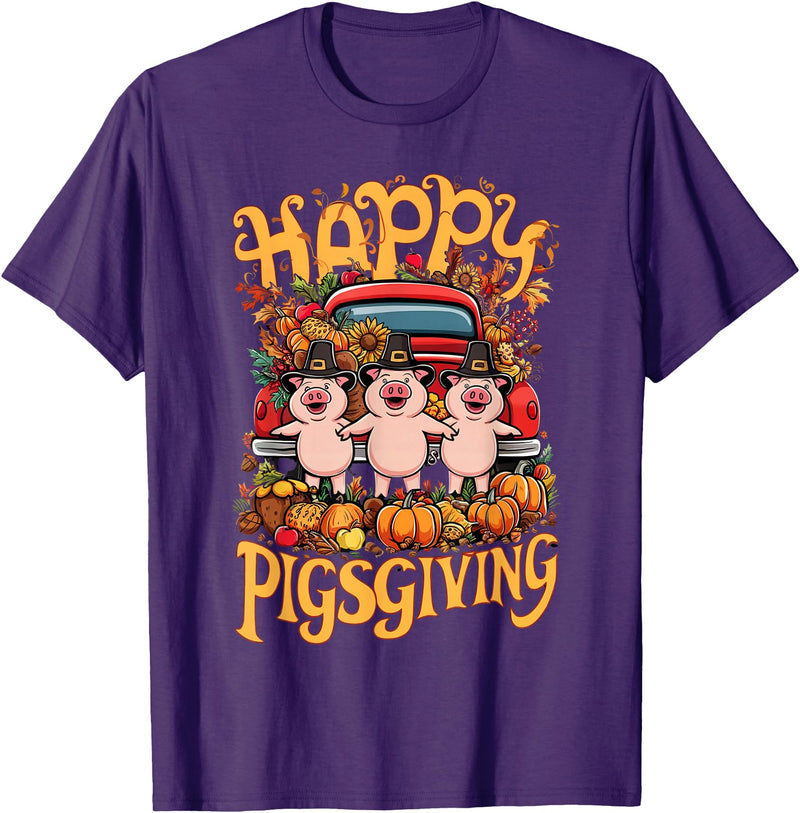 Funny Thanksgiving Pigs Pumpkins Fall Happy Pigsgiving Pigs Pumpkins Fall Thanksgiving T-Shirt - Purple