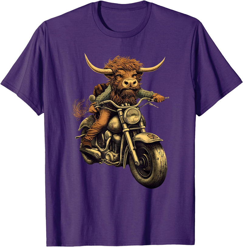 Scottish Highland Cow motorcycle Lovers gift Scottish Highland Cow Cattle Hairy Cow Rides motorcycle men T-Shirt - Purple
