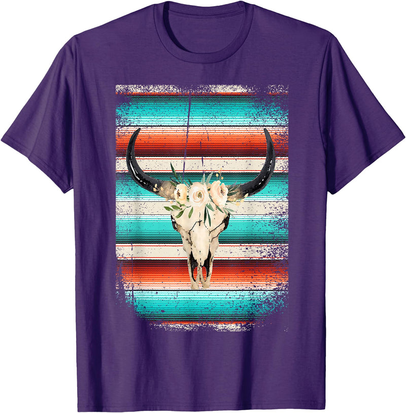 Funny Serape Cow BOHO designs Funny Serape Cow BOHO print Flower Rustic Turquoise T-Shirt - Purple