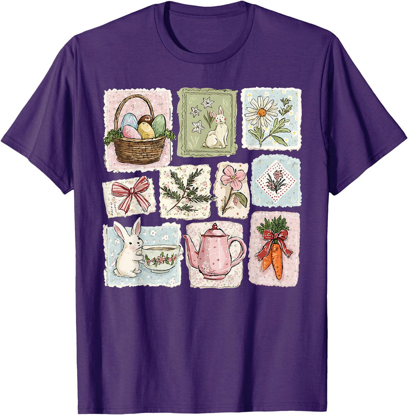 Floral Coquette Spring Easter Bunny Vintage Happy Easter T-Shirt in Purple