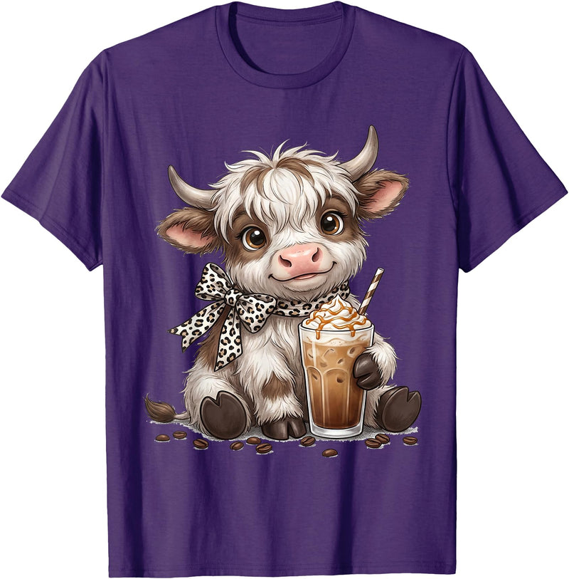 Funny Highlander Cow Drinking Coffee Lover Designs Highland Cow Drinking Iced Coffee Lover Funny Animal Meme T-Shirt - Purple