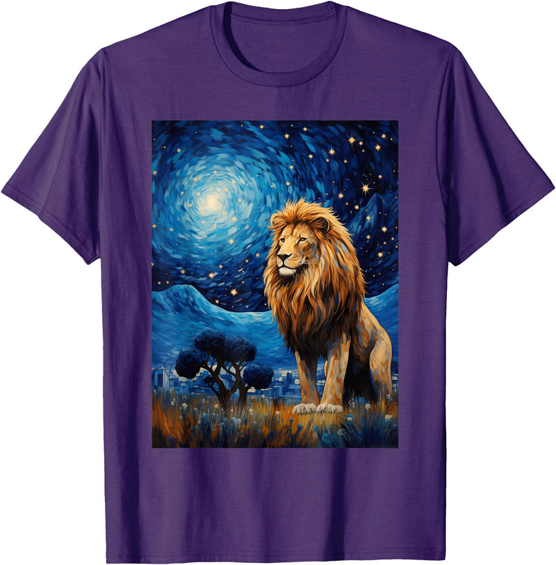 Painting Style Lion Lover Lion Starry Night Van Gogh Style Graphic T-Shirt - Purple
