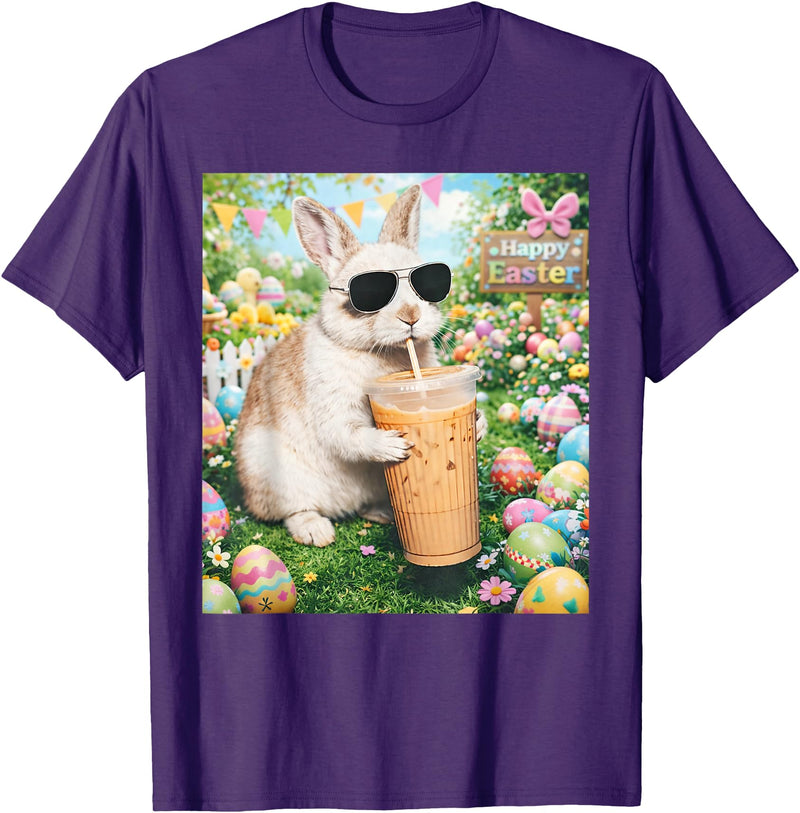 Rabbit Drinking Iced Coffee Funny Easter Bunny Men Women T-Shirt (Black) in Purple