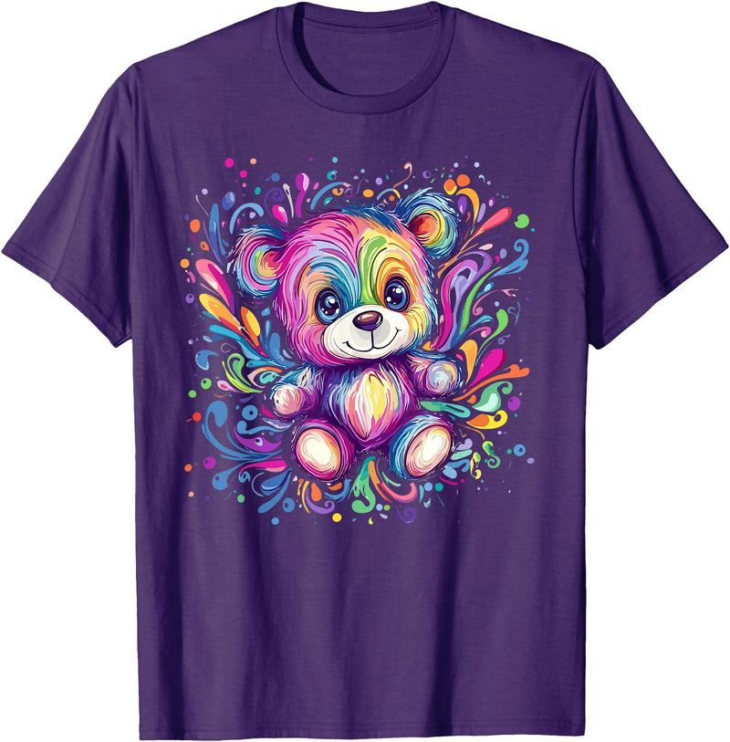 Vibrant Colorful Teddy Bear Illustration Rainbow Splash Teddy Bear T-Shirt - Purple