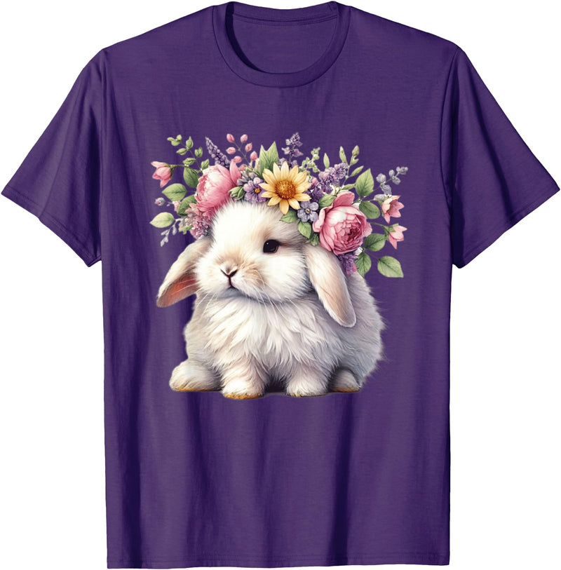 Easter Bunny with Floral Flower Crown Cute Girls Women T-Shirt in Purple