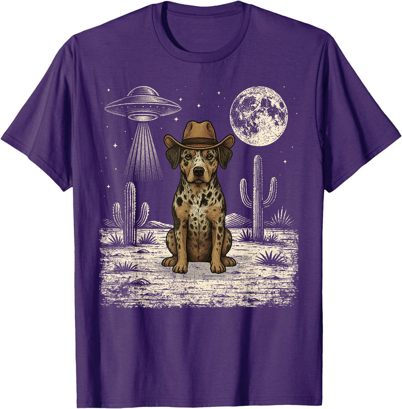 Retro Catahoula Leopard Dog Lover Halloween Moon Funny Catahoula Leopard Dog Cowboy Western UFO T-Shirt - Purple