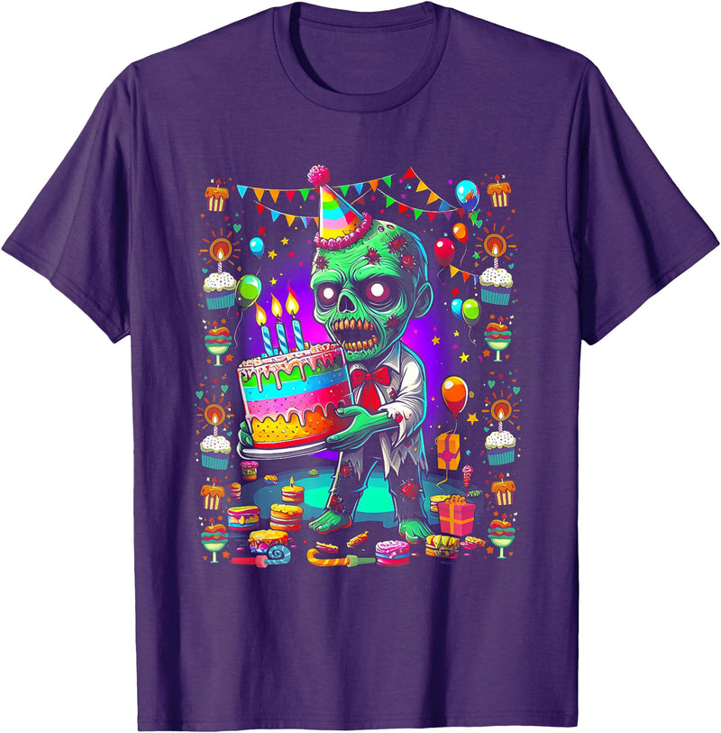 Zombie Holding Birthday Cake Halloween Birthday Horror Party T-Shirt - Purple