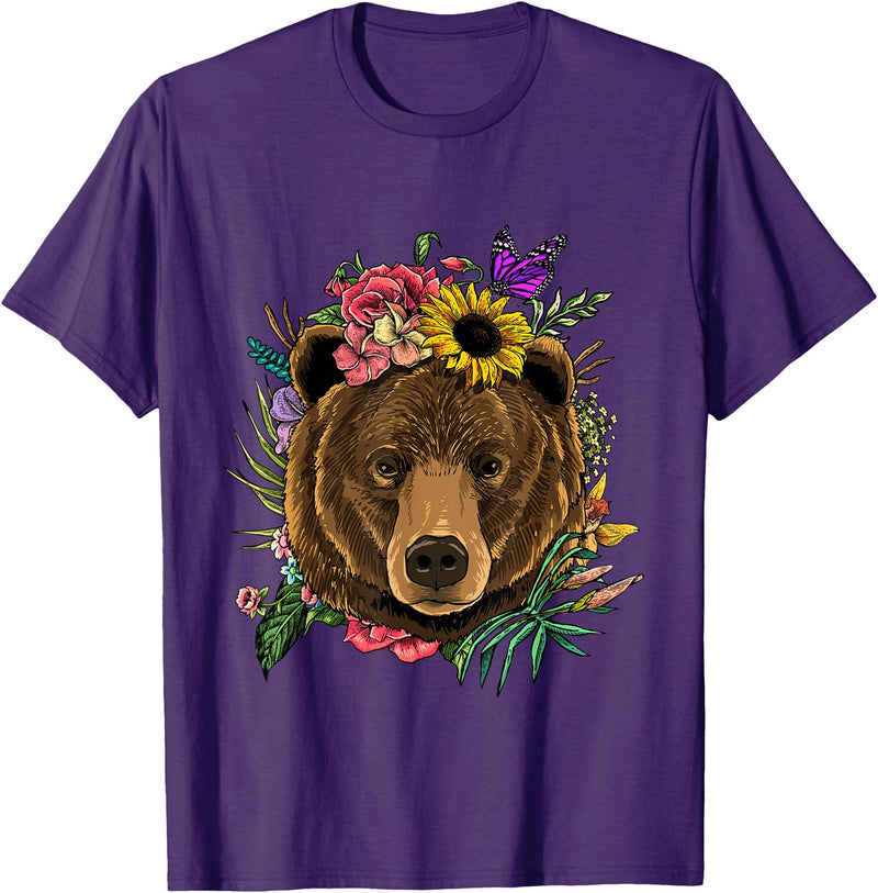 Wowsome! Bear Shirt Nature Floral Grizzly Bear Face Animal Bear Lover T-Shirt - Purple