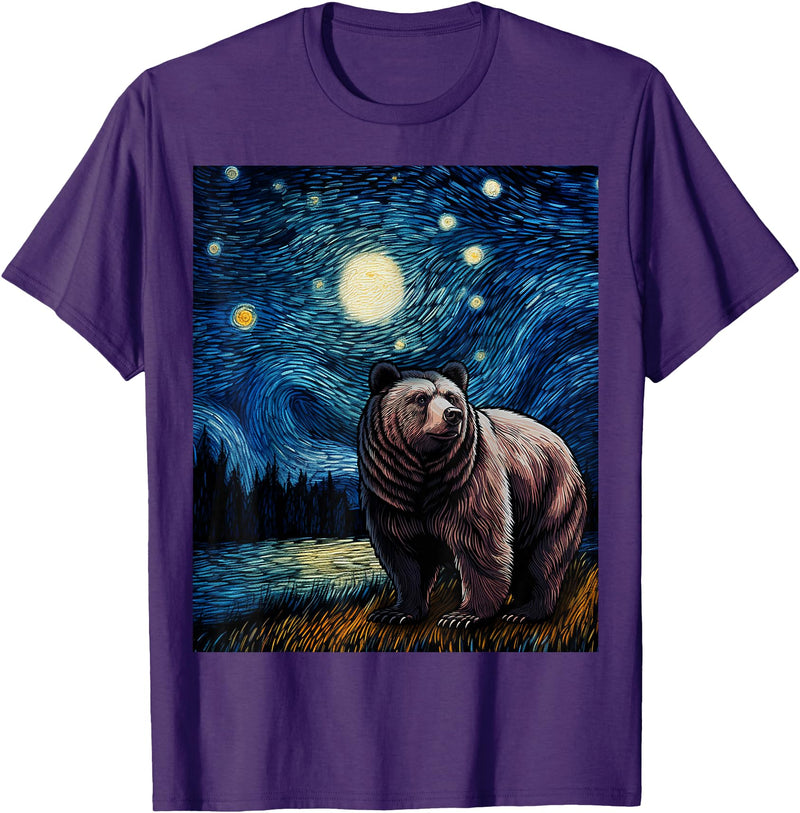 Starry Night Wildlife Graphic Grizzly Bear Van Gogh Starry Night Grizzlies Animal T-Shirt - Purple