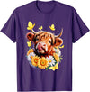 Highland Cow Sunflower Daisies Butterflies Western Animal T-Shirt - Purple