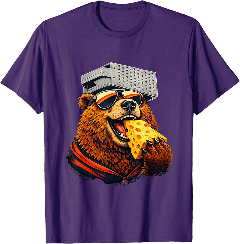 Retro Bear with Cheese for Boys Funny Animal humor Retro Bear Eating Cheese with a Grater Hat T-Shirt - Purple