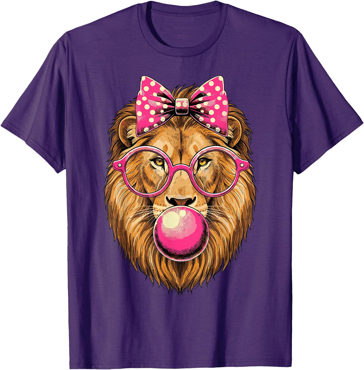 Magical and Funny Lion Gifts Lion with Bubble Gum and Pink Bow T-Shirt - Purple