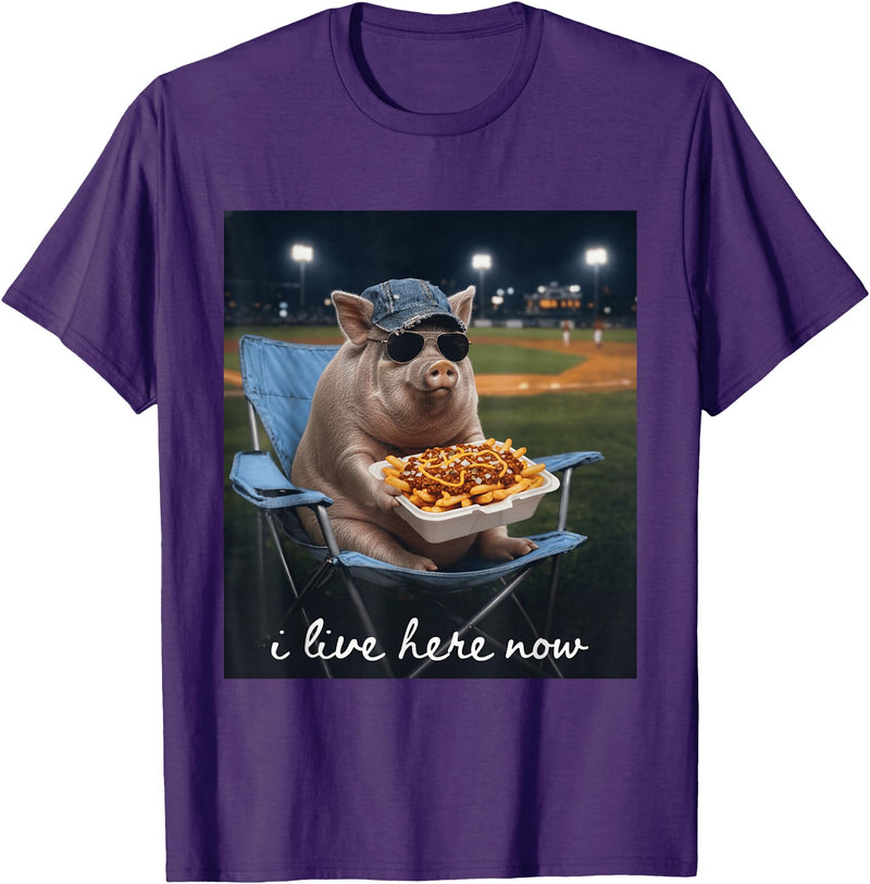 Funny Men Women Pig Baseball Outfit Funny Pig Baseball I Live Here Now T-Shirt - Purple