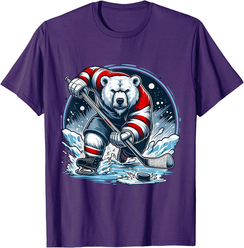 Hockey Player Love Polar Bear Hockey Bear on Ice: A Funny Polar Bear Playing Hockey T-Shirt - Purple